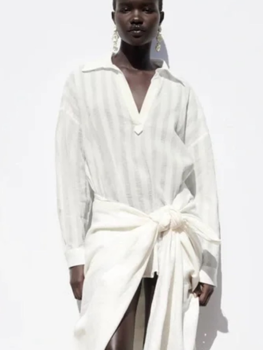 Zara White Striped V-Neck Tunic Shirt